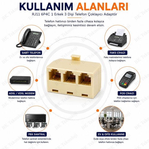 RJ11 6P4C 1 Erkek 3 Dişi Telefon Çoklayıcı Ayırıcı Adaptör