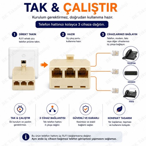 RJ11 6P4C 1 Erkek 3 Dişi Telefon Çoklayıcı Ayırıcı Adaptör
