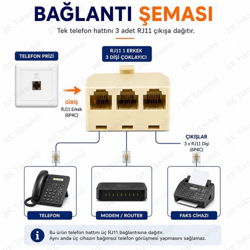 RJ11 6P4C 1 Erkek 3 Dişi Telefon Çoklayıcı Ayırıcı Adaptör