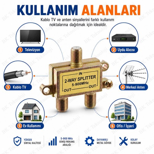 5-900 MHz 2 Yollu Kablo TV Anten Sinyal Ayırıcı Splitter