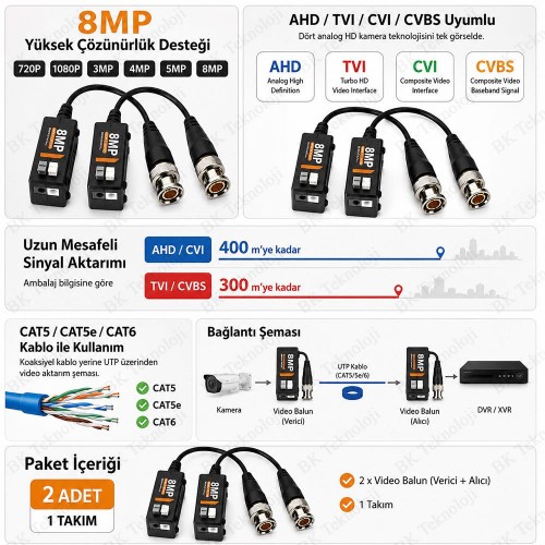 8MP AHD TVI CVI CVBS Pasif Video Balun BNC-UTP Seti 8MP AHD TVI CVI CVBS Pasif Video Balun BNC-UTP Seti