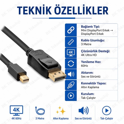 3 Metre Mini DisplayPort to DisplayPort 4K 60Hz Kablo