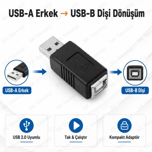 USB-A Erkek to USB-B Dişi Mini Çevirici Adaptör