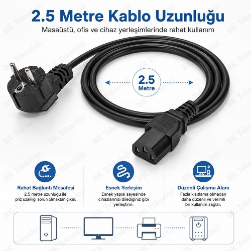 2.5 Metre C13 250V 10A Bilgisayar Güç Kablosu