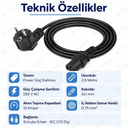 2.5 Metre C13 250V 10A Bilgisayar Güç Kablosu