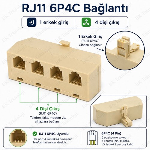 RJ11 6P4C 1 Erkek 4 Dişi Telefon Hat Çoklayıcı Adaptör