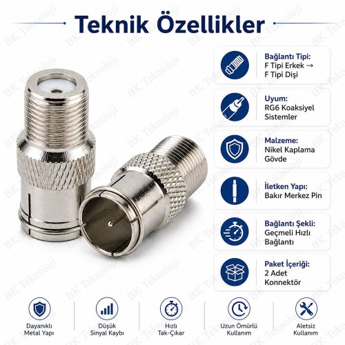 2'li F Tipi Dişi - Geçmeli Erkek RG6 Koaksiyel Hızlı Bağlantı Adaptörü
