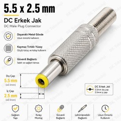 5.5 x 2.5 mm DC Erkek Güç Jakı Metal Lehimlenebilir Konnektör