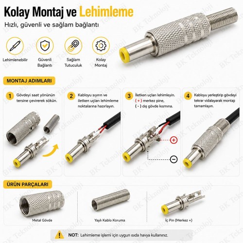 5.5 x 2.5 mm DC Erkek Güç Jakı Metal Lehimlenebilir Konnektör