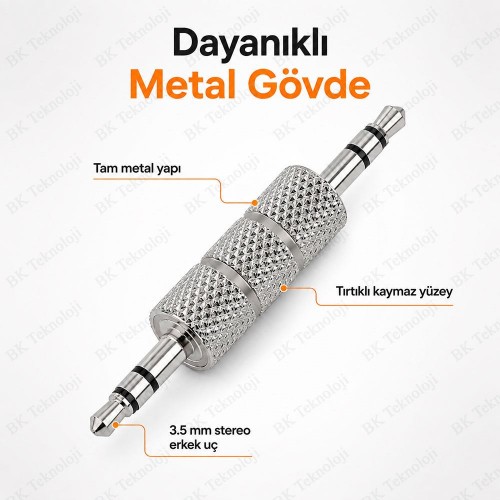 3.5 mm Erkek / Erkek Stereo Metal Jack Adaptör – AUX Ses Birleştirici