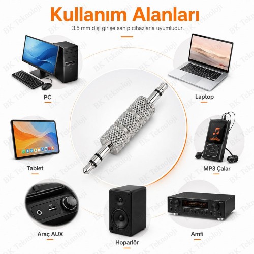 3.5 mm Erkek / Erkek Stereo Metal Jack Adaptör – AUX Ses Birleştirici