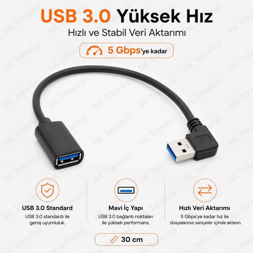 90 Derece Sağ Açılı USB 3.0 Erkek – Dişi Uzatma Kablosu 30 cm