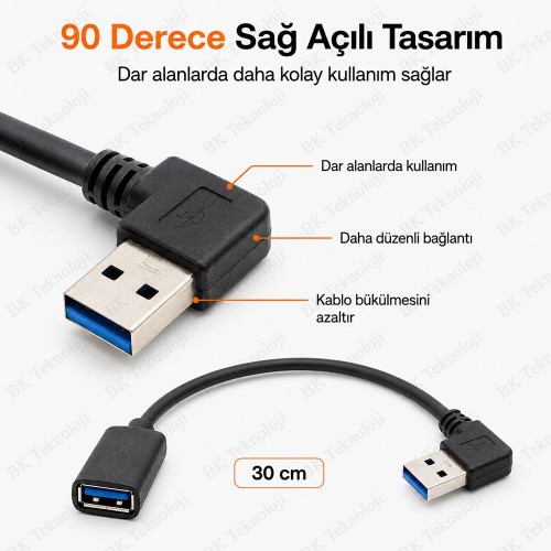 90 Derece Sağ Açılı USB 3.0 Erkek – Dişi Uzatma Kablosu 30 cm