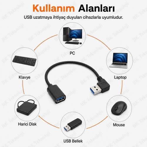 90 Derece Sağ Açılı USB 3.0 Erkek – Dişi Uzatma Kablosu 30 cm