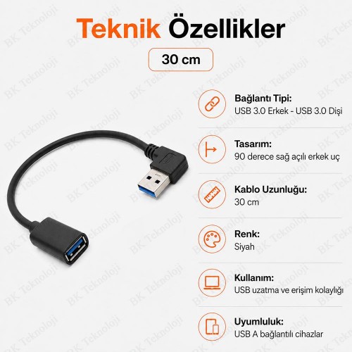 90 Derece Sağ Açılı USB 3.0 Erkek – Dişi Uzatma Kablosu 30 cm