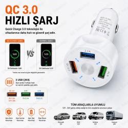 QC 3.0 3 USB 7A LED Işıklı Araç Şarj Adaptörü 12V-24V Beyaz