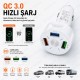 QC 3.0 3 USB 7A LED Işıklı Araç Şarj Adaptörü 12V-24V Beyaz