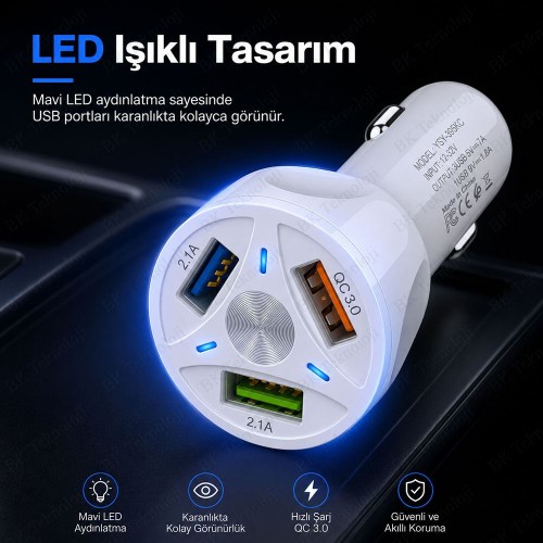 QC 3.0 3 USB 7A LED Işıklı Araç Şarj Adaptörü 12V-24V Beyaz
