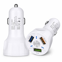 QC 3.0 3 USB 7A LED Işıklı Araç Şarj Adaptörü 12V-24V Beyaz