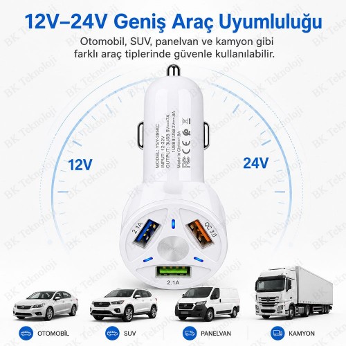 QC 3.0 3 USB 7A LED Işıklı Araç Şarj Adaptörü 12V-24V Beyaz