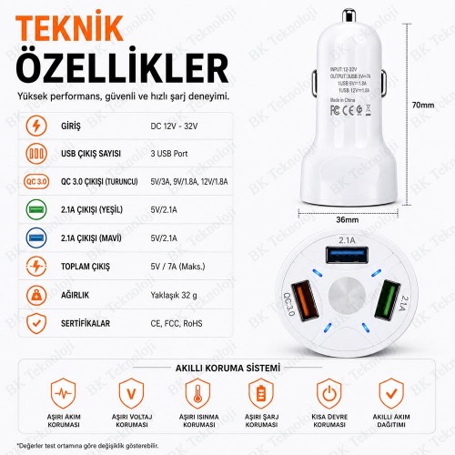 QC 3.0 3 USB 7A LED Işıklı Araç Şarj Adaptörü 12V-24V Beyaz