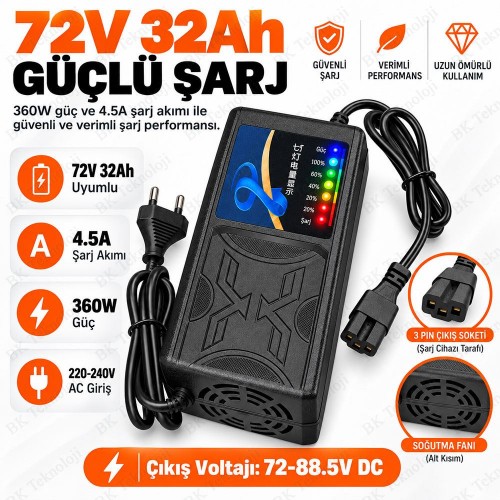 72V 32Ah 4.5A Elektrikli Bisiklet ve Scooter Şarj Cihazı 3 Pin
