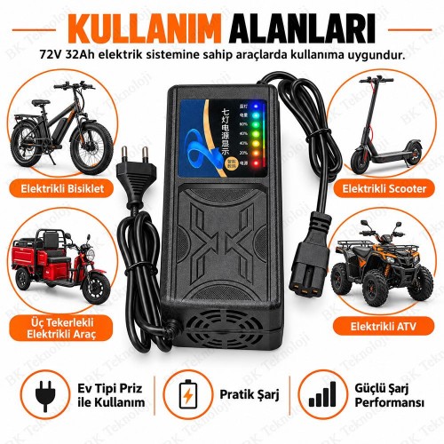 72V 32Ah 4.5A Elektrikli Bisiklet ve Scooter Şarj Cihazı 3 Pin
