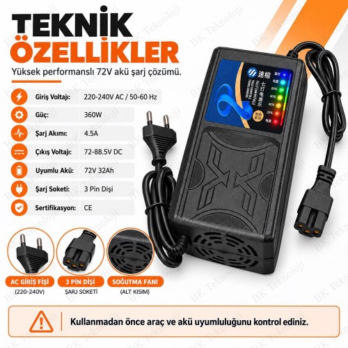 72V 32Ah 4.5A Elektrikli Bisiklet ve Scooter Şarj Cihazı 3 Pin