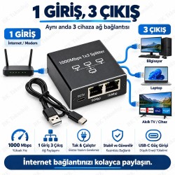 1 Giriş 3 Çıkış 1000Mbps Gigabit Ethernet Splitter RJ45 Ağ Dağıtıcı USB-C 5V