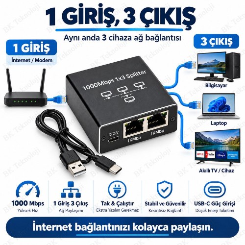 1 Giriş 3 Çıkış 1000Mbps Gigabit Ethernet Splitter RJ45 Ağ Dağıtıcı USB-C 5V