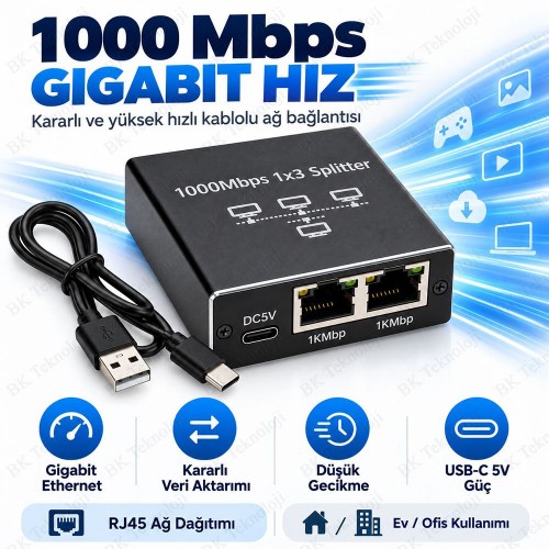 1 Giriş 3 Çıkış 1000Mbps Gigabit Ethernet Splitter RJ45 Ağ Dağıtıcı USB-C 5V