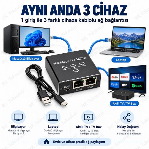 1 Giriş 3 Çıkış 1000Mbps Gigabit Ethernet Splitter RJ45 Ağ Dağıtıcı USB-C 5V