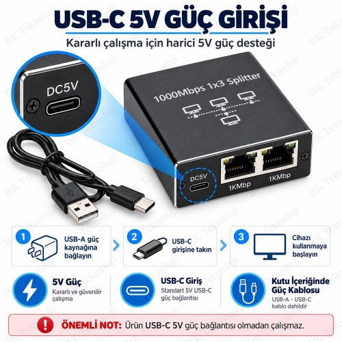 1 Giriş 3 Çıkış 1000Mbps Gigabit Ethernet Splitter RJ45 Ağ Dağıtıcı USB-C 5V