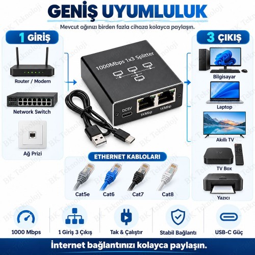 1 Giriş 3 Çıkış 1000Mbps Gigabit Ethernet Splitter RJ45 Ağ Dağıtıcı USB-C 5V