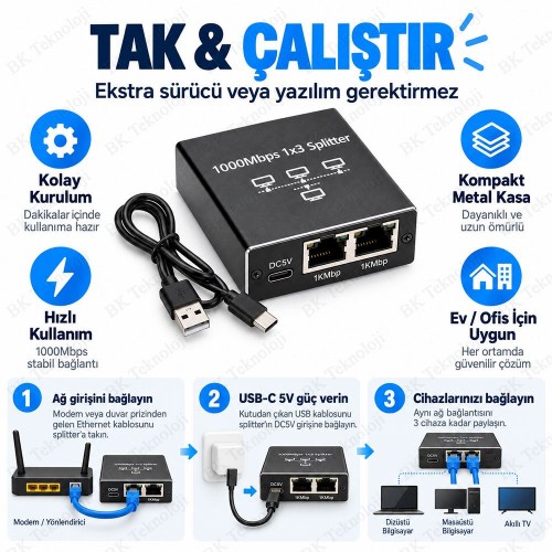 1 Giriş 3 Çıkış 1000Mbps Gigabit Ethernet Splitter RJ45 Ağ Dağıtıcı USB-C 5V
