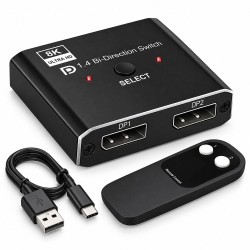 8K DisplayPort 1.4 Çift Yönlü Switch 2 Giriş 1 Çıkış / 1 Giriş 2 Çıkış 4K 120Hz Kumandalı