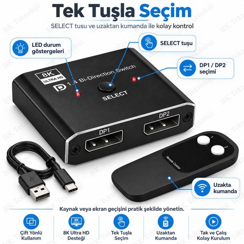 8K DisplayPort 1.4 Çift Yönlü Switch 2 Giriş 1 Çıkış / 1 Giriş 2 Çıkış 4K 120Hz Kumandalı