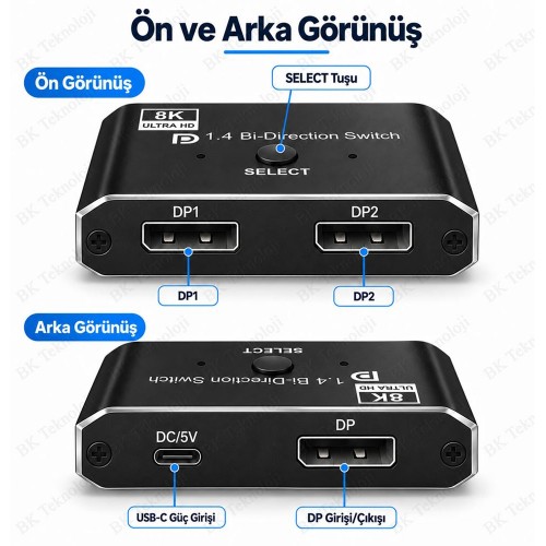 8K DisplayPort 1.4 Çift Yönlü Switch 2 Giriş 1 Çıkış / 1 Giriş 2 Çıkış 4K 120Hz Kumandalı