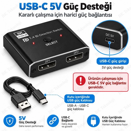 8K DisplayPort 1.4 Çift Yönlü Switch 2 Giriş 1 Çıkış / 1 Giriş 2 Çıkış 4K 120Hz Kumandalı