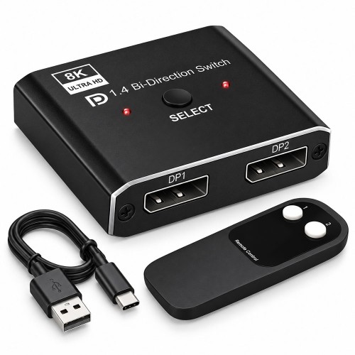 8K DisplayPort 1.4 Çift Yönlü Switch 2 Giriş 1 Çıkış / 1 Giriş 2 Çıkış 4K 120Hz Kumandalı
