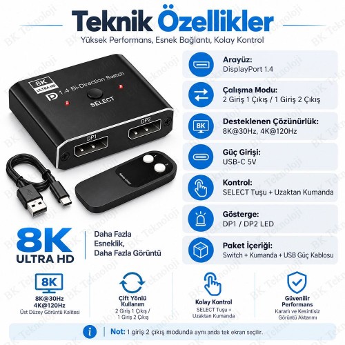 8K DisplayPort 1.4 Çift Yönlü Switch 2 Giriş 1 Çıkış / 1 Giriş 2 Çıkış 4K 120Hz Kumandalı