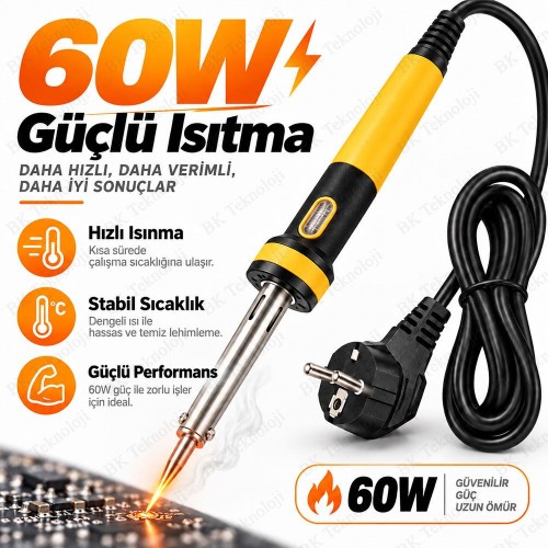60W Kalem Havya 220V Topraklı Fişli İnce Uçlu Elektrikli Lehimleme Havyası