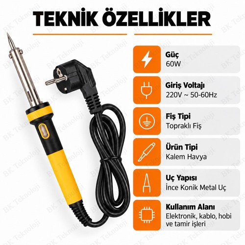 60W Kalem Havya 220V Topraklı Fişli İnce Uçlu Elektrikli Lehimleme Havyası
