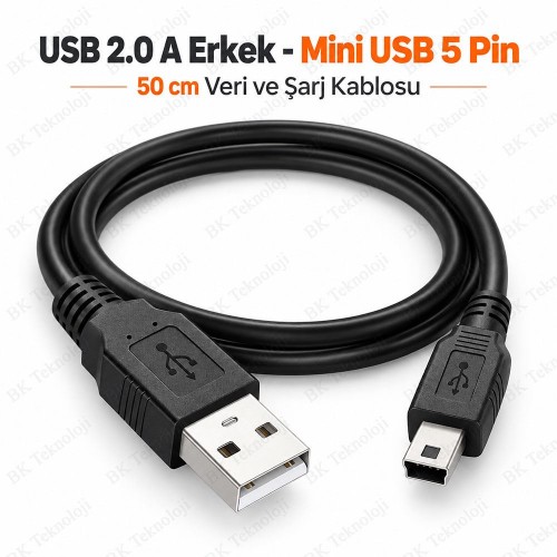 50cm USB 2.0 Type-A Erkek – Mini USB-B 5 Pin Veri ve Şarj Kablosu