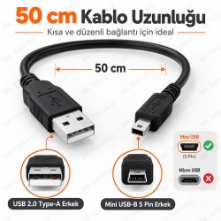 50cm USB 2.0 Type-A Erkek – Mini USB-B 5 Pin Veri ve Şarj Kablosu