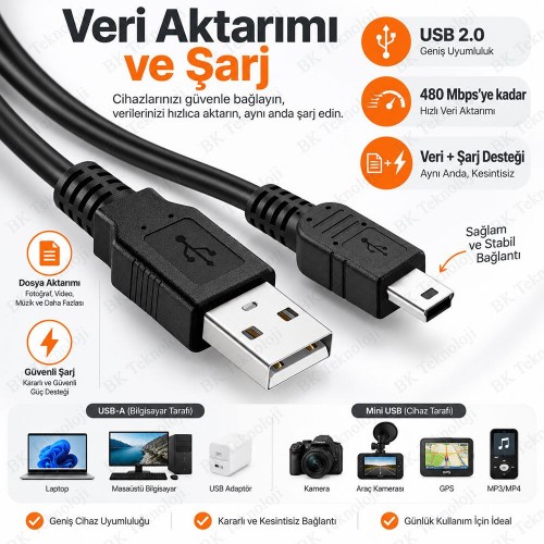 50cm USB 2.0 Type-A Erkek – Mini USB-B 5 Pin Veri ve Şarj Kablosu