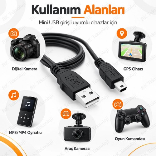 50cm USB 2.0 Type-A Erkek – Mini USB-B 5 Pin Veri ve Şarj Kablosu