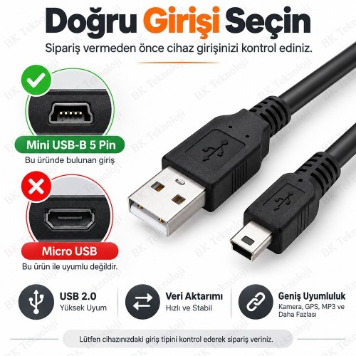 50cm USB 2.0 Type-A Erkek – Mini USB-B 5 Pin Veri ve Şarj Kablosu