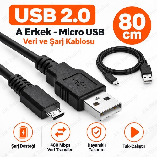 80cm USB 2.0 Type-A Erkek - Micro USB Erkek Veri ve Şarj Kablosu 80cm USB 2.0 Type-A Erkek - Micro USB Erkek Veri ve Şarj Kablosu
