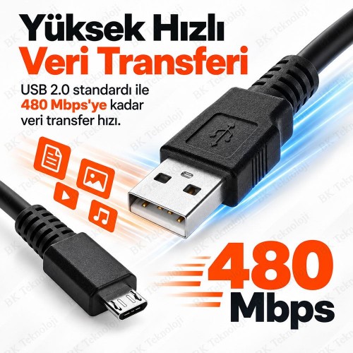 80cm USB 2.0 Type-A Erkek - Micro USB Erkek Veri ve Şarj Kablosu 80cm USB 2.0 Type-A Erkek - Micro USB Erkek Veri ve Şarj Kablosu